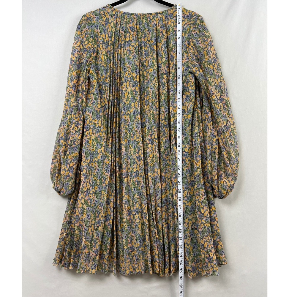 Zara Mini Dress Womens XS Green Floral Pleated Shift Tie Neck Cottage Core - Picture 6 of 11